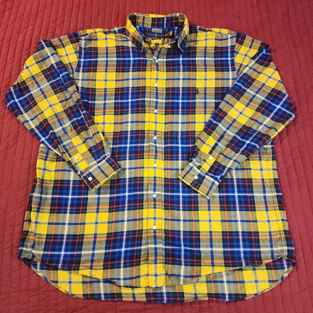Ralph Lauren Performance Mens 2XLT Yellow Blue Plaid Flannel Button Down Shirt